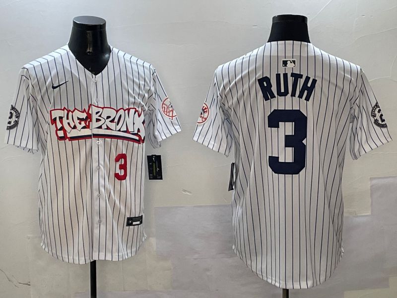 Men New York Yankees #3 Ruth White Stripe four generations Joint Name 2025 Nike MLB Jersey style 6->new york yankees->MLB Jersey